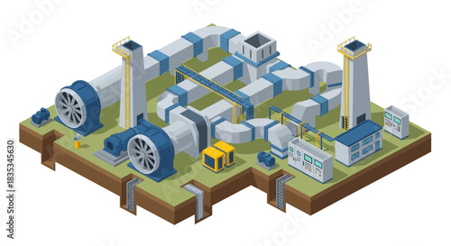 Isometric Industrial Ventilation System with Ducts and Fans.