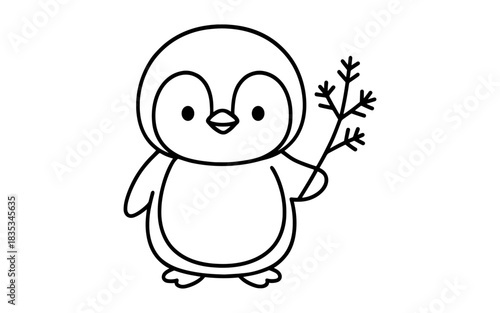 Cute penguin outline holding a branch for kids' winter coloring activity