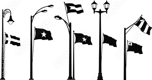 Flags and Streetlamps: A collection of flagpoles proudly displaying various flags, accompanied by elegant streetlamps. The scene evokes a sense of civic pride and national identity.