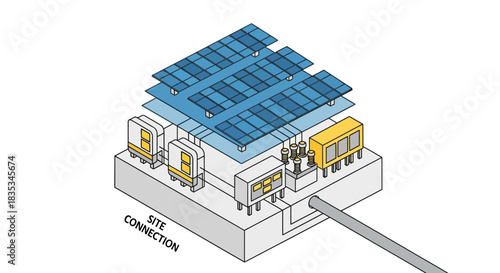 Isometric Solar Panel Array with Inverters and Site Connection.