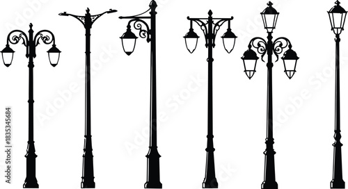 Illuminating Street Silhouettes: A striking illustration showcases an array of ornate street lamps, each with a unique design, casting long shadows across a textured surface.
