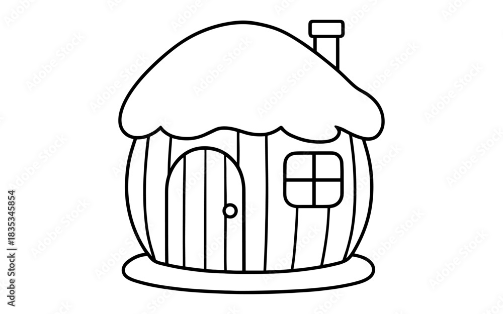 Fototapeta premium Whimsical round house with snowy roof line art drawing