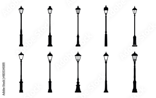 Streetlight Silhouettes: An array of vintage streetlights, each with a unique design, stands as a symbol of urban elegance, illuminating the night sky and evoking a sense of nostalgia. 