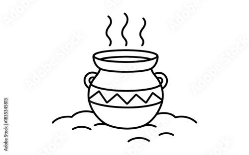 Simple black and white outline of a steaming cooking pot with decorative patterns