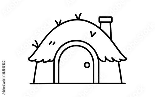 Simple linear style hut icon featuring rustic thatched roof and chimney
