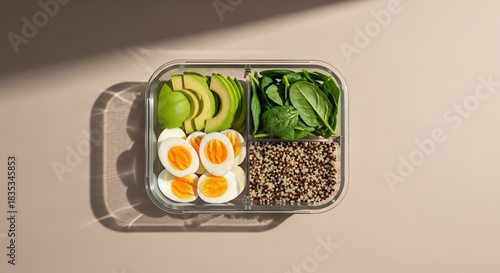 Divided glass container with avocado slices hardboiled eggs spinach and quinoa against a beige background with a shadow