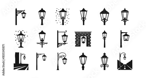 Silhouette of Vintage Streetlights: A collection of vintage streetlights in a monochromatic style, perfect for evoking a sense of nostalgia, history, and the romance of the past. 