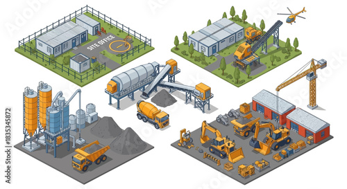 Isometric vector set of industrial construction and manufacturing plants.