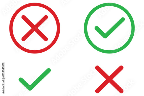 Correct and wrong icons vector signs, flat round buttons. green and red colors tick and cross icons. Vector illustration.