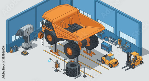 Isometric View of a Dump Truck Under Repair in a Garage.
