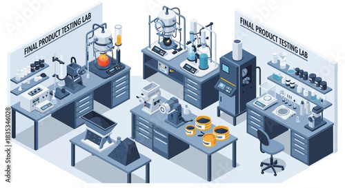 Isometric view of a laboratory with scientific equipment for testing.