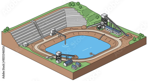 Isometric View of a Mining Operation with Tailings Pond.