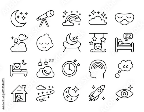 Sleep night dream relaxation and bedtime vector line icon collection