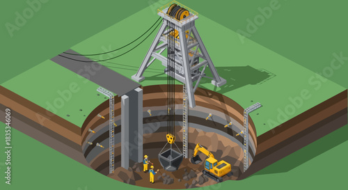 Isometric View of a Mining Operation with Workers and Equipment.