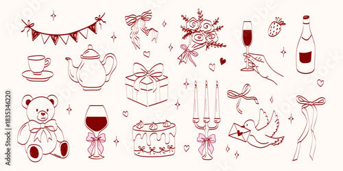 Hand drawn coquette wedding elements. Vintage cute symbols with ribbon and bow in simple crayon sketch style. Trendy art for Valentine day and bachelorette invitations. Festive vector illustration.