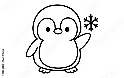 Cute penguin outline with snowflake for coloring and crafts