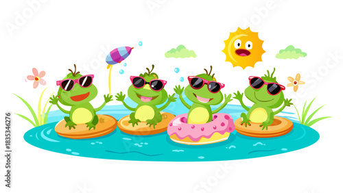 A group of funny cartoon frogs wearing sunglasses and swimming in a tiny pond, inflatable donuts, splashes, sunshine, loud and cheerful summer mood