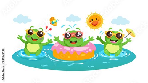 A group of funny cartoon frogs wearing sunglasses and swimming in a tiny pond, inflatable donuts, splashes, sunshine, loud and cheerful summer mood