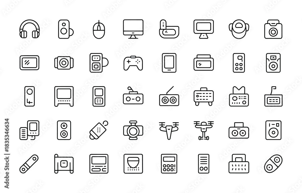 Fototapeta premium Electronics devices and digital gadget line icon collection for technology and media