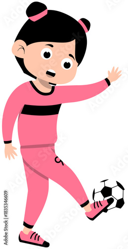 Girl with black pigtails wearing pink long sleeve jersey doing inside foot pass, step 4 soccer illustration. Editable Color Vector