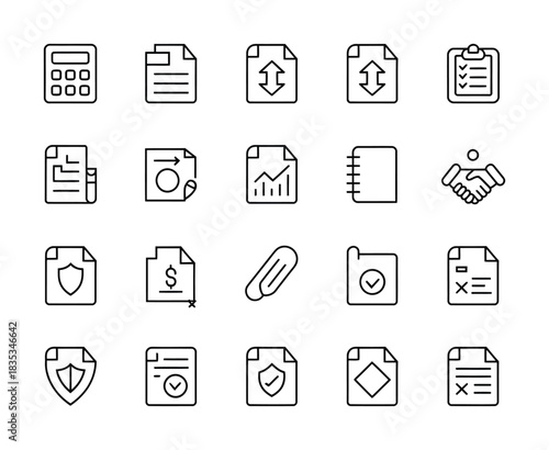 Office documents file management and paperwork line icon collection for business use