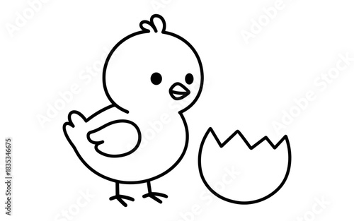 Adorable black and white chick with eggshell: simple outline drawing for kids