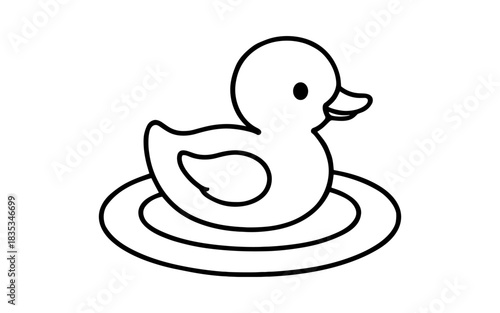 Simple black and white outline of a rubber duck in the water
