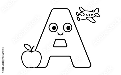 Alphabet fun: playful letter a with smiling eyes, apple, and airplane for kids