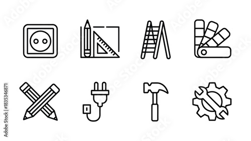 Tools construction and craftsmanship line icon set for building and repair work