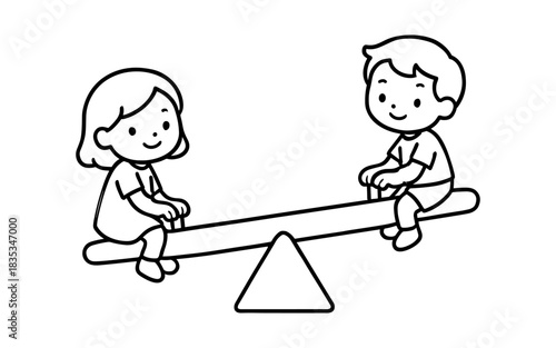 Children playing on seesaw line art