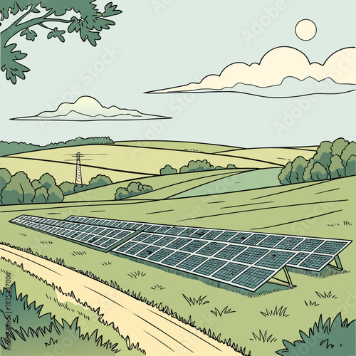 Expansive green rolling hills under a bright sun with a solar panel farm in the foreground and a power line tower in the distance