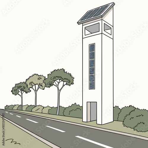 Modern minimalist tower with solar panels on roof stands beside a road with trees and bushes