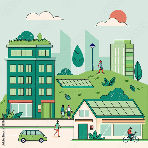 Sustainable urban landscape with green buildings solar panels electric car and people enjoying eco friendly city life