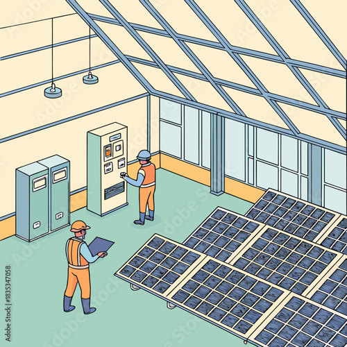 Two workers in hard hats and safety vests inspect solar panels inside a modern industrial building with large windows