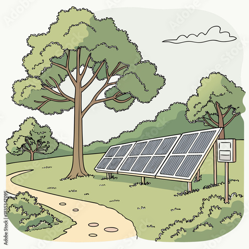 A scenic illustration of solar panels in a park setting with trees and a walking path