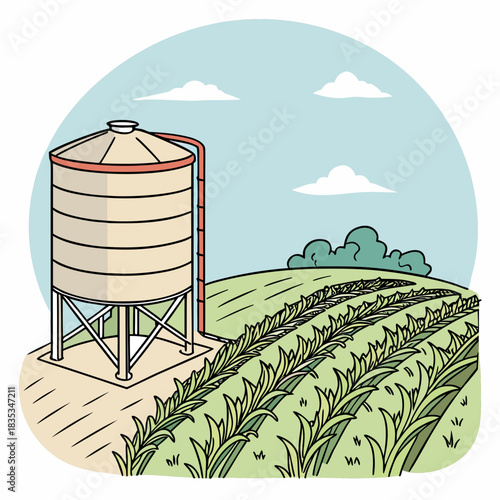 Illustration of a large agricultural water tank standing next to a field of growing crops under a blue sky