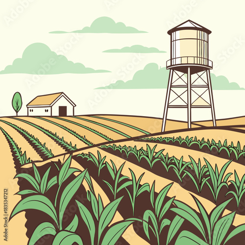 Stylized illustration of a rural farm landscape with rows of young crops and a water tower