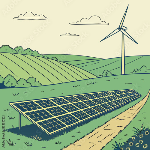 Renewable energy farm with solar panels and wind turbine on rolling green hills under a cloudy sky