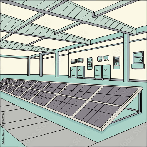 Modern industrial building interior with rows of solar panels and electrical control equipment on the wall