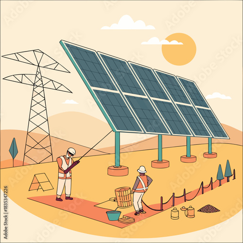 Workers installing solar panels at a power station near a transmission tower under a sunny sky