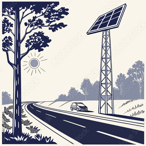 A lone car drives down a scenic road towards a tall solar panel tower under a bright sun