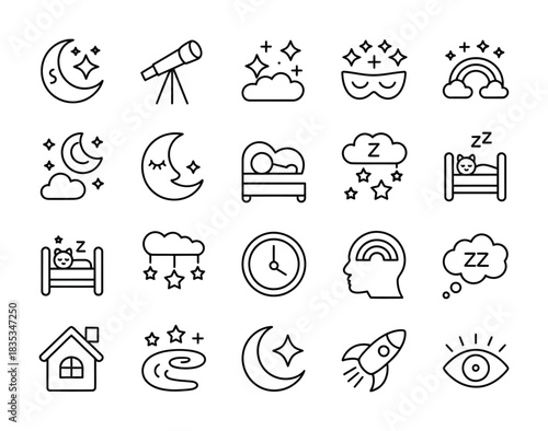 Sleep night and dream themed line icon collection for relaxation and bedtime