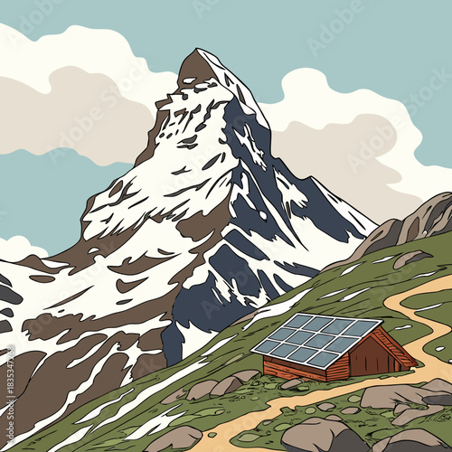 A charming wooden cabin with solar panels sits on a grassy mountain slope below a majestic snow capped peak