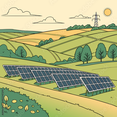 Solar panels installed in a green rural landscape with rolling hills and a distant power line tower under a sunny sky