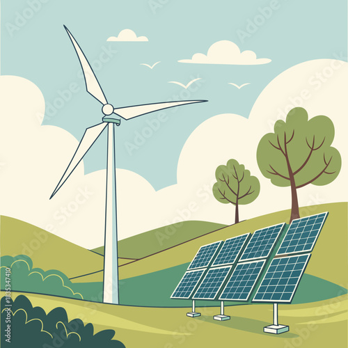 Renewable energy sources including a wind turbine and solar panels on a green landscape under a cloudy sky with birds