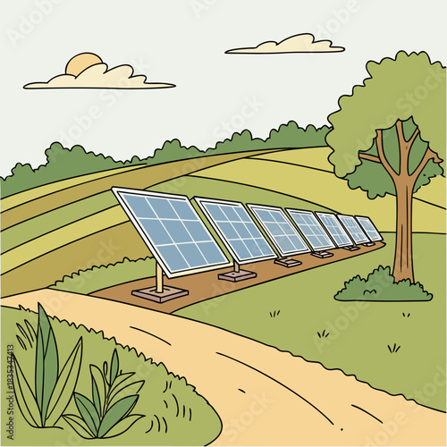 A row of solar panels stands in a sunny field with rolling hills and a large tree on the right side