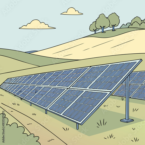 Expansive solar panel array generating clean renewable energy on a rolling green hillside under a pale blue sky