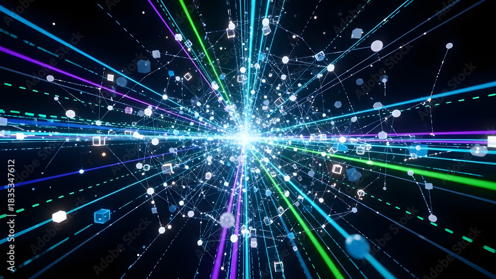 Fototapeta premium Futuristic hyperspace network with light trails and digital data points, simulating advanced technology and