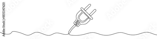 Electric plug with a cable coming from a wavy line in one line art style. Symbol of electricity with editable black stroke. Vector illustration.