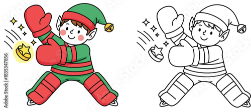 Christmas coloring book page for kids with cute elf playing ice hockey goalkeeper catching a puck vector illustration